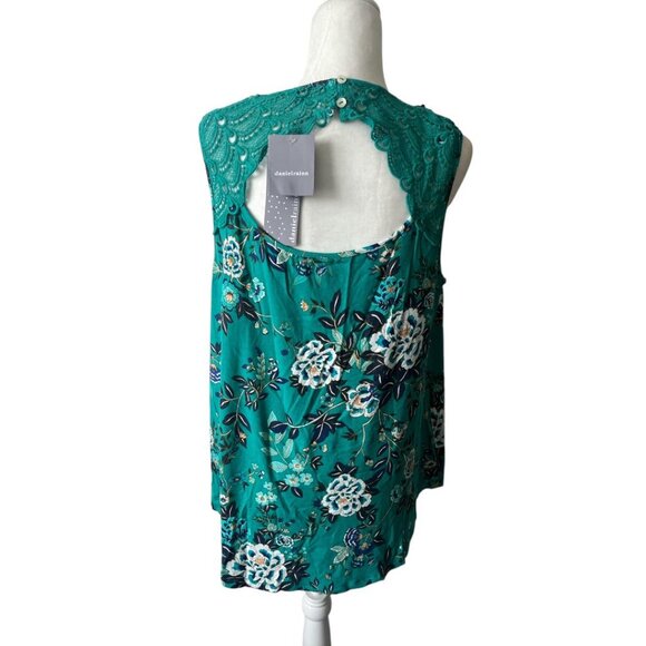 NWT Daniel Rainn Green Floral Pullover V-Neck Sleeveless Crochet Open Back Top - Picture 3 of 11